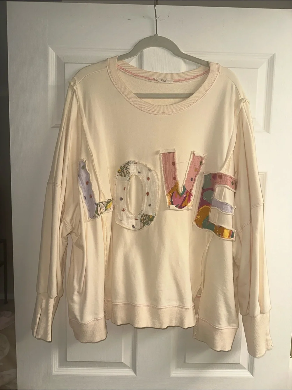 Easel Washed LOVE Patch Terry Knit Pullover- SIZE L